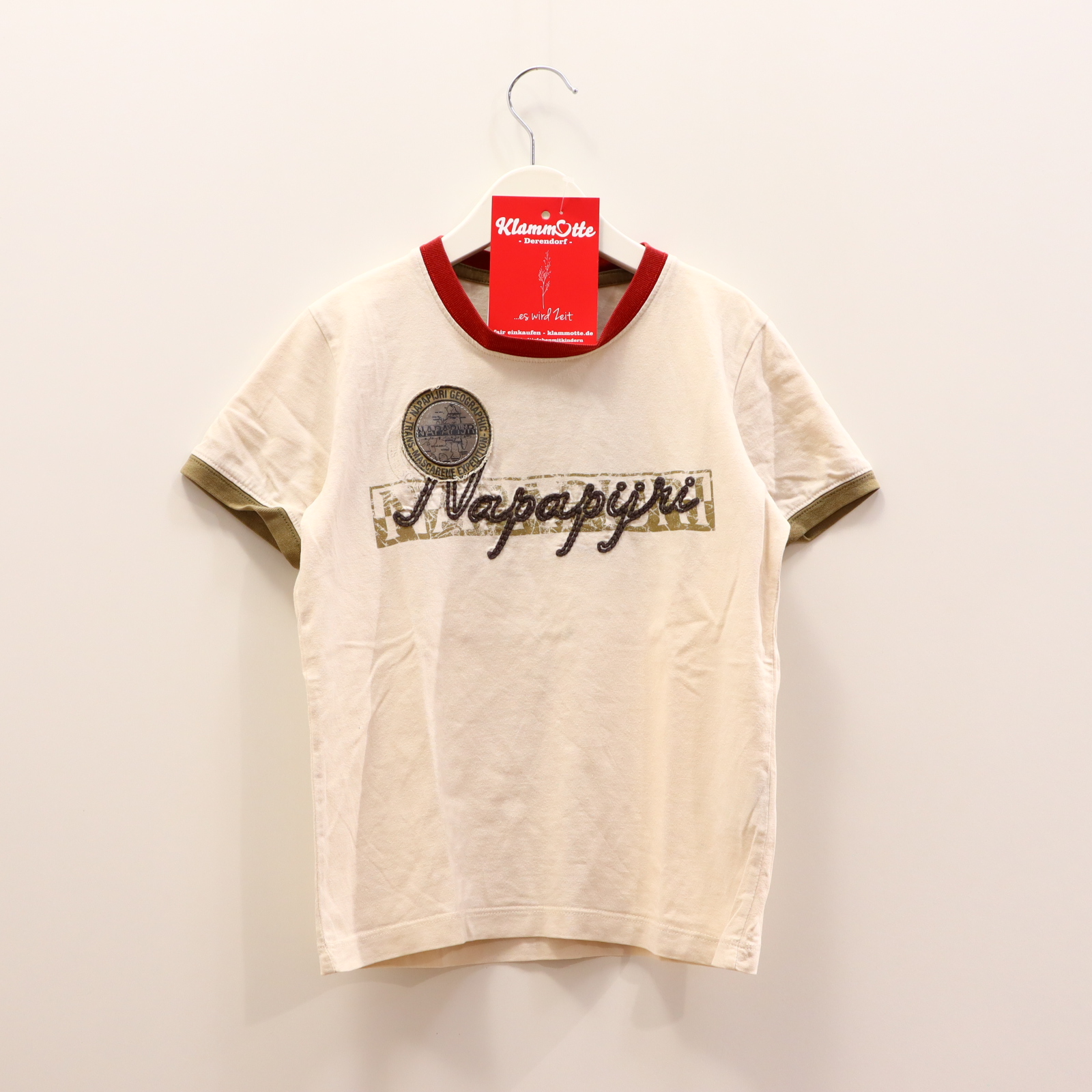 Oberteil NAPAPIJRI Gr. 116 kurzarm Shirt creme Baumwolle Applikation/Backprint/Logo/Print