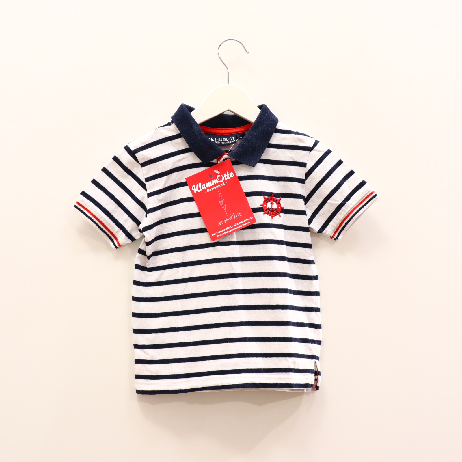 Oberteil HUBLOT Gr. 104 kurzarm Shirt blau/weiß Baumwolle Applikation/gestreift/Logo Polo
