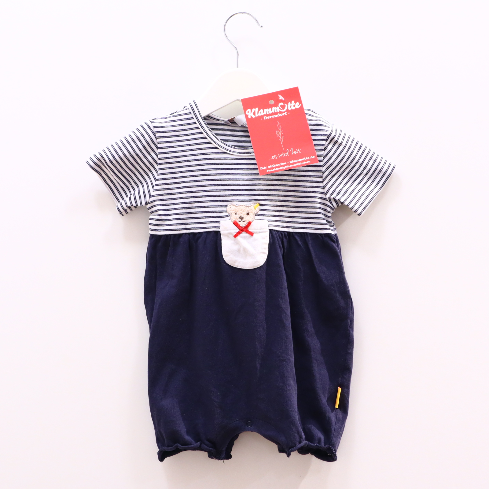 Hosen & Strampler Steiff 74 blau/weiß Applikation/gestreift/Logo Einteiler/kurzarm/ohne Bein Baumwolle/Elasthan/Jersey Druckknöpfe im Schritt