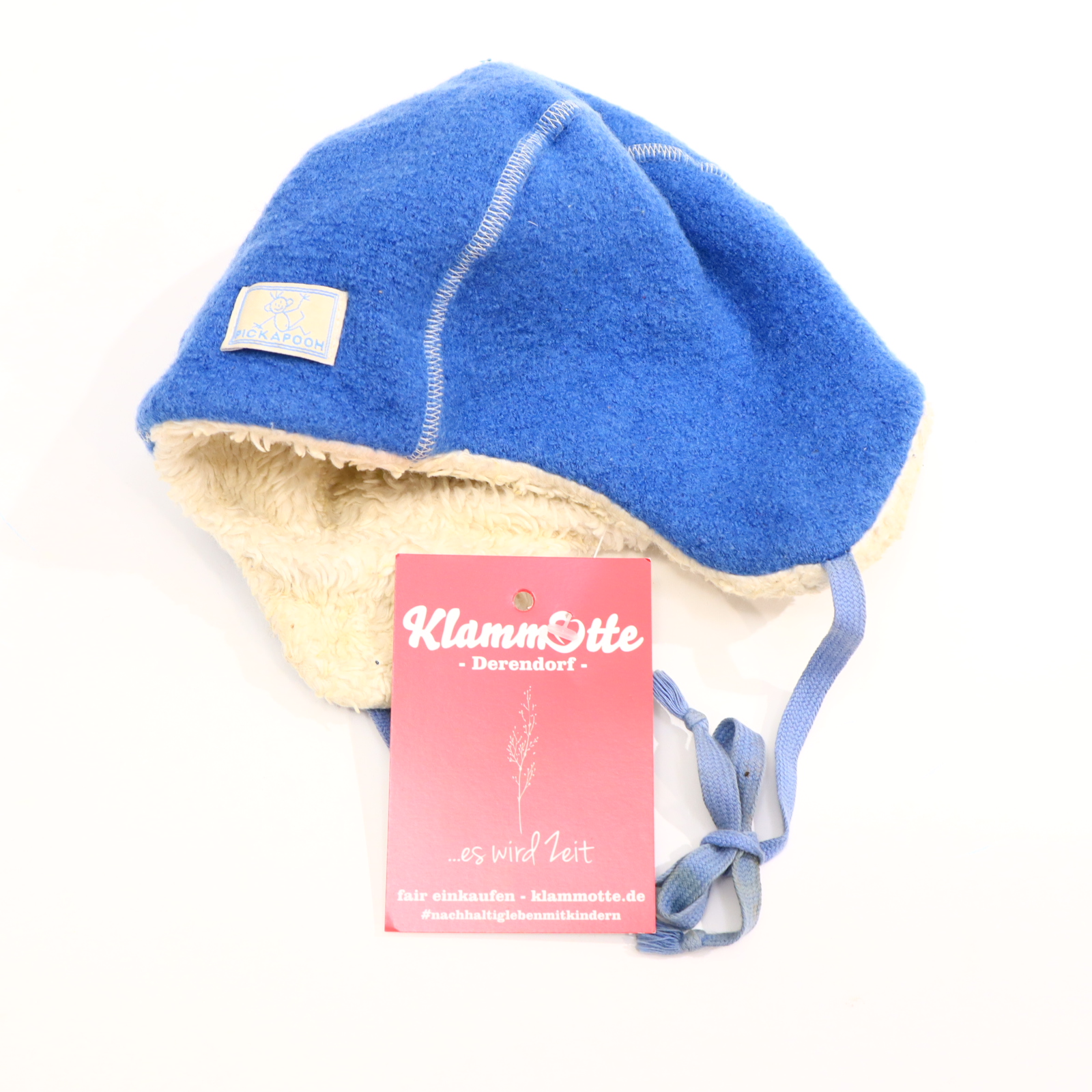 Oberteil PICKAPOOH 54 Mütze blau Bio-Baumwolle/Schurwolle/Teddy/Wollwalk Applikation/Logo mit Teddyfutter!