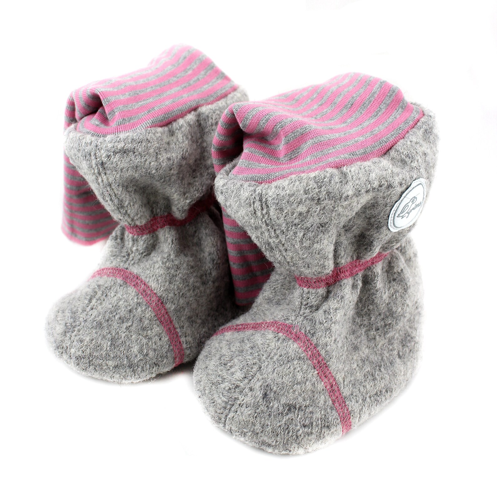 Babyschuhe/Stoffschuhe grims 2-7 Monate grau/rosa Schurwolle/Wollwalk Baumwollfutter sehr gut wärmende Tragestiefel/Tragebooties