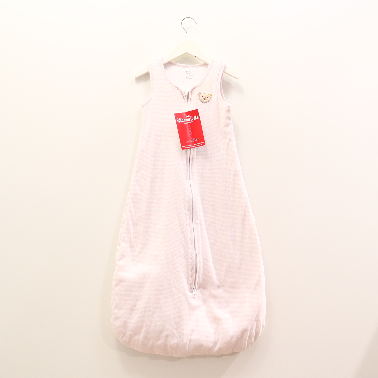 Schlafsack Steiff 90cm rosa/weiß Applikation/gestreift/Logo Baumwolle ganzjährig Polyester