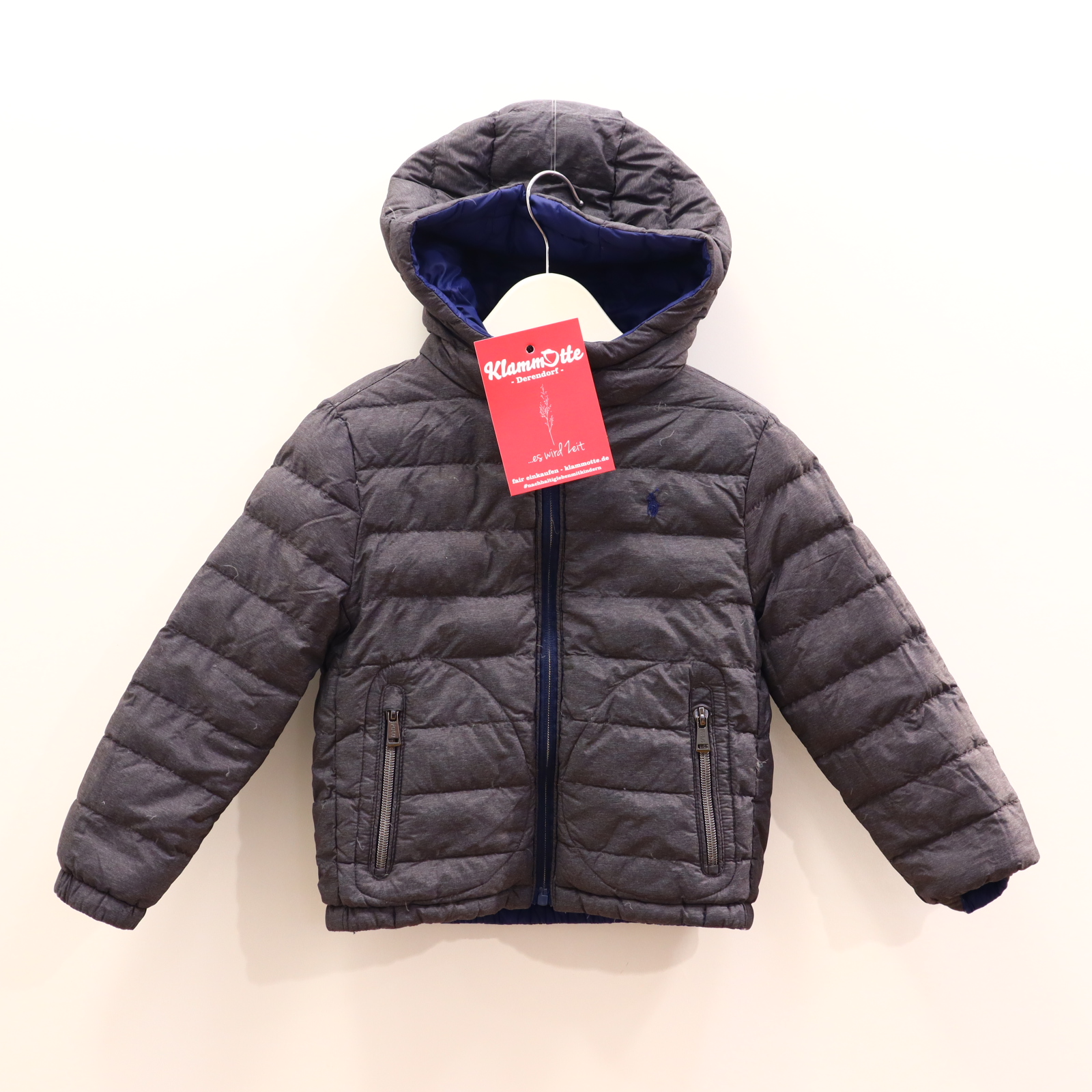 Jacke RALPH LAUREN 104/110 blau/grau Applikation leichte Daunenjacke wendbar Übergang/Herbst