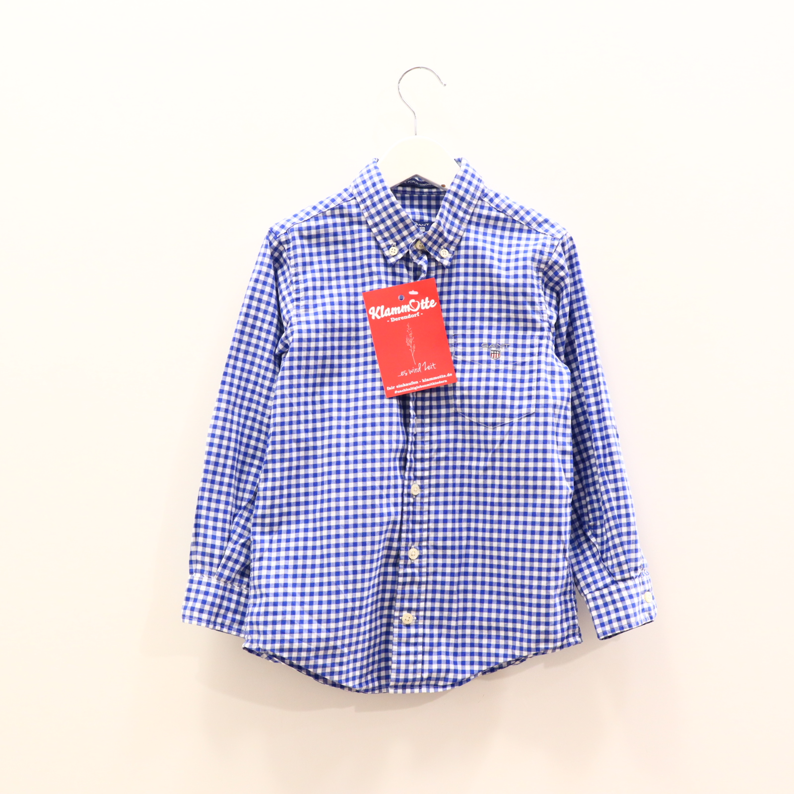 Oberteil GANT Gr. 110/Gr. 116 Hemd/langarm weiß Baumwolle kariert/Logo/Stickerrei Button-down-Kragen