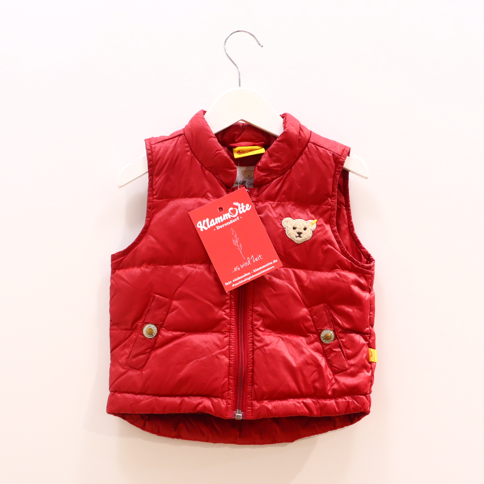Jacke Steiff 86 rot Applikation/Logo Steppweste Daunen/Federn Nahtfehler Innen!