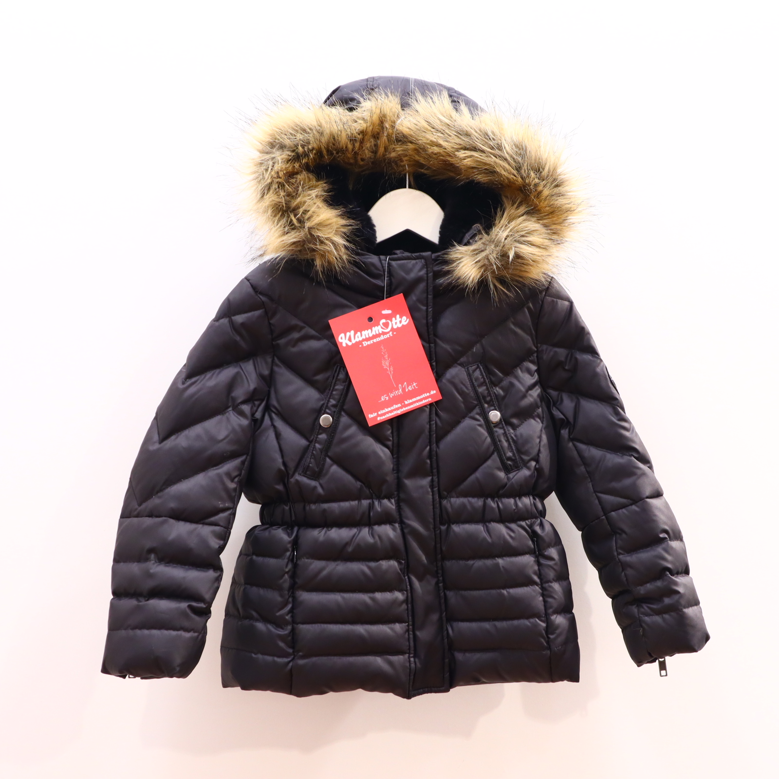 Jacke IKKS Daunenjacke/Steppjacke 104 Daunen/Federn anthrazit Herbst/Winter Applikation/Logo abnehmb. Kapuzenbesatz/Flauschfutter